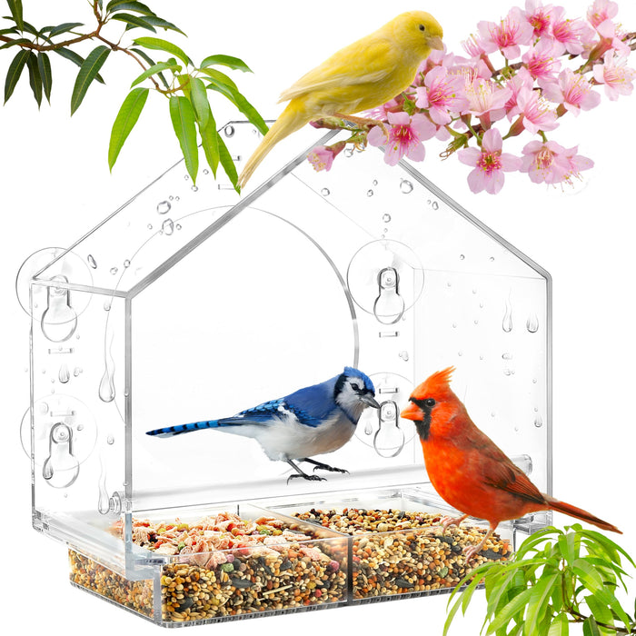 Window Bird Feeder with 4 Super Strong Suction Cups for Cat Elderly Kids,Large Clear Bird House with Detachable Seed Tray&Drainage Holes,Bird Feeder Window for Outside Viewing Wild Birdsy.