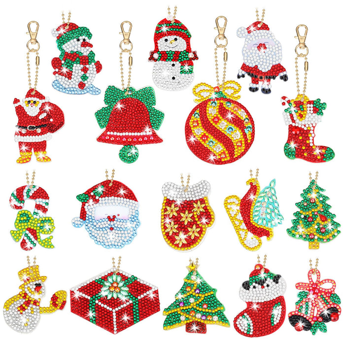 Yaomiao 17 Pieces Double Sided Christmas Diamond Art Ornaments Diamond Painting Keychains DIY 5d Painting Round Drill Key Chain Christmas Crystal Rhinestone Arts Craft Keychain for Christmas Supplies