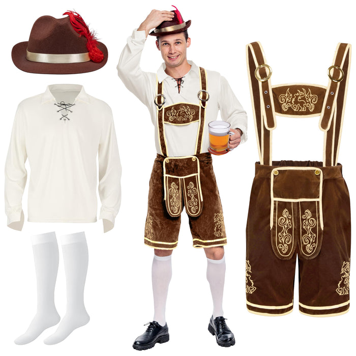Spooktacular Creations Halloween Men Oktoberfest Costume Set, Lederhosen Men with German Bavarian Hat, Beer Costume, Adults Halloween Brown Outfit for Beer Festival Party (XX-Large)