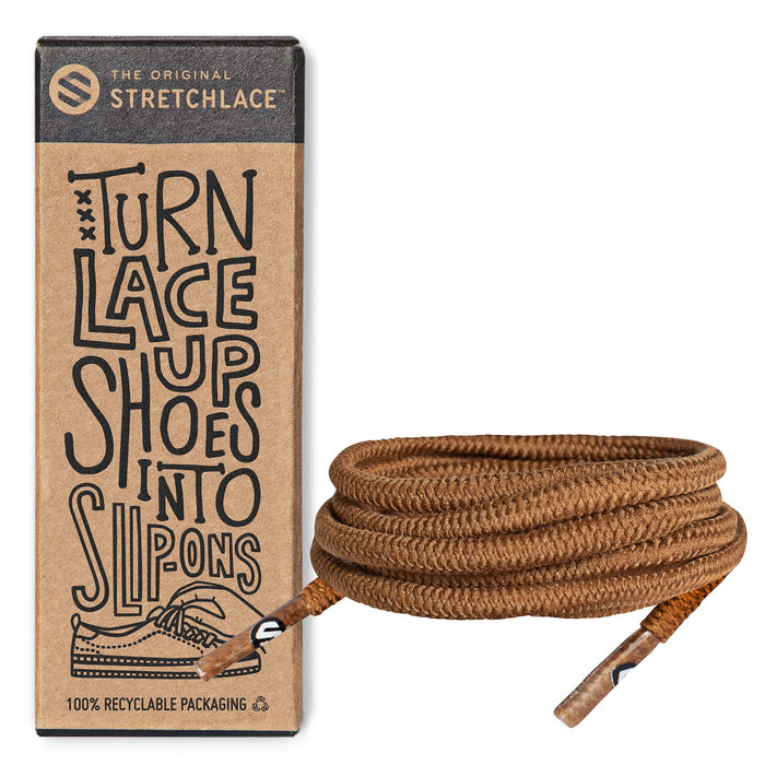 THE ORIGINAL STRETCHLACE - Round Shoelaces, No-tie Elastic Shoelaces, Stylish Shoe Laces for Elderly, Kids, and People with Special Needs, Light Brown, 30in