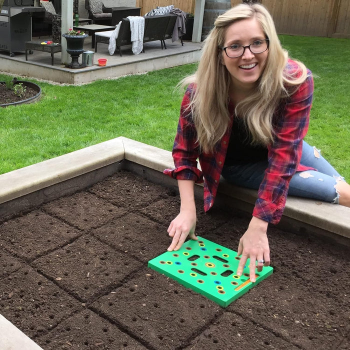 Seeding Square - Patented Seed and Seedling Spacer Tool for Bigger Harvests, Organized Plants & Fewer Weeds – Color-Coded Gardening Template with Dibber, Seed Spoon, Ruler & Planting Guide