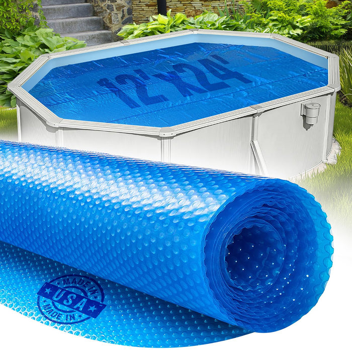 12' x 24' Oval Solar Cover for Inground and Above Ground Pools, 12 Mil - Premium Heavy Duty Solar Blanket for Above Ground Pool, Blue - Made in USA
