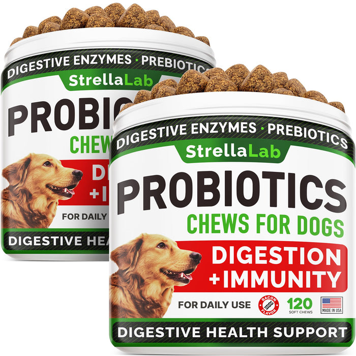 StrellaLab Dog Probiotics Treats for Picky Eaters - Digestive Enzymes + Prebiotics - Chewable Fiber Supplement - Allergy, Diarrhea, Gas, Constipation, Upset Stomach Relief - Improve Digestion&Immunity