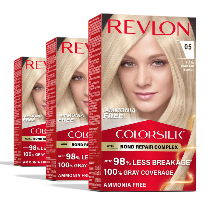 Revlon ColorSilk with Bond Repair Complex, Blonde Permanent Hair Color, 100% Gray Coverage, Ammonia Free Hair Dye, Vegan Keratin, 05 Ultra Light Ash Blonde (Pack of 3)