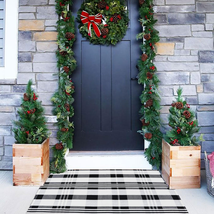 Christmas Plaid Outdoor Rug, 27.5'' x 43''Black&White Check Indoor/Outdoor Area Rug, Layering Rug for Hello/Welcome Doormat, Machine Washable Cotton Woven Rug for Farmhouse Front Porch,Entryway
