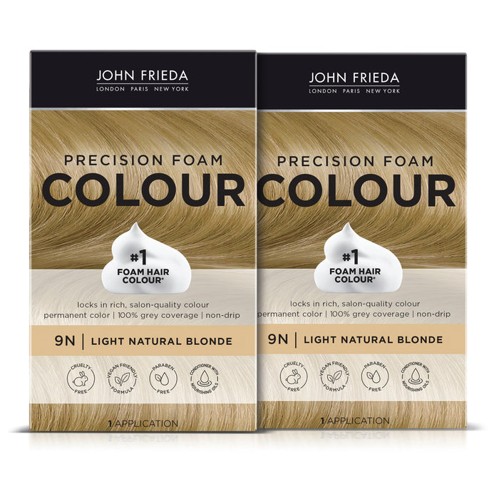 John Frieda Precision Foam Color, Light Natural Blonde 9N, Full-coverage Hair Color Kit, with Thick Foam for Deep Color Saturation 2 Pack