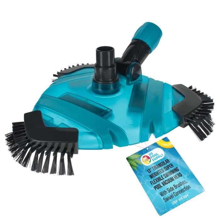 U.S. Pool Supply Professional 13" Triangular Weighted Super Flexible Swimming Pool Vacuum Head with Side Brushes, Swivel Connection - Above-Ground & Inground Swimming Pools, Secure Lock Pole Handle