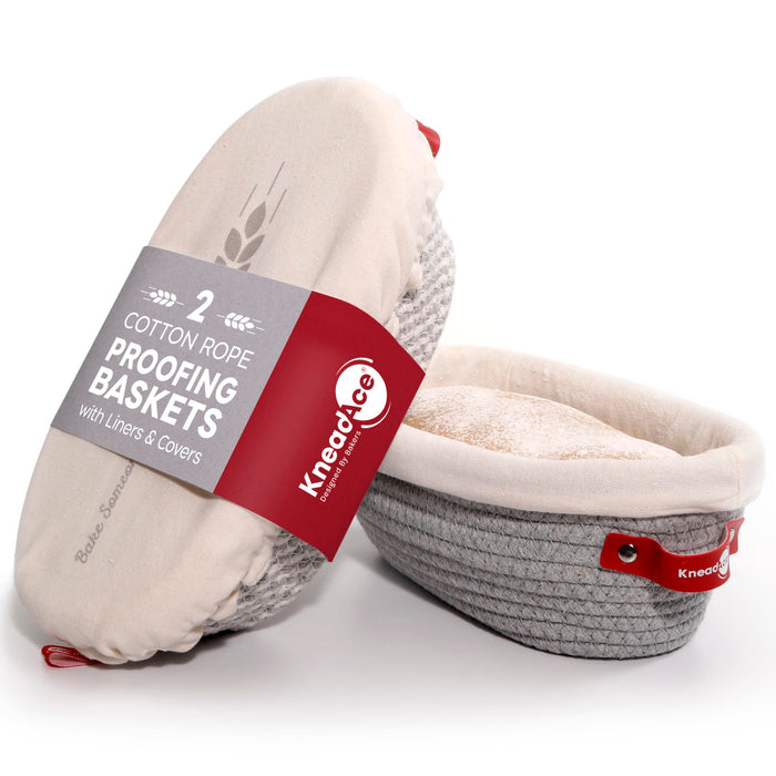 KneadAce Cotton Rope Banneton Bread Proofing Basket Set, 2 x Oval Bread Basket with Liners & Covers for Artisan Bread Baking, Sourdough Bread Baking Supplies