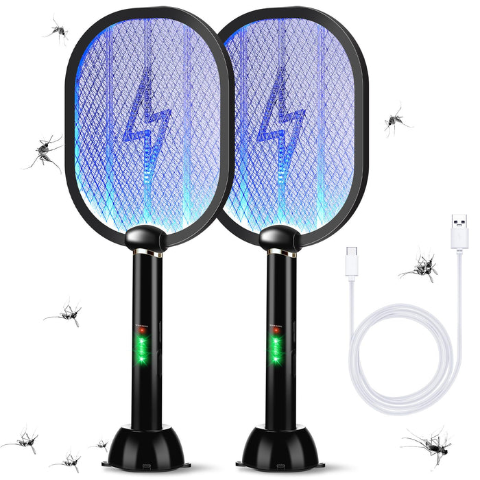 Qualirey 2 Pack Electric Fly Swatter 3000v Bug Zapper Racket 2 in 1 Mosquito Killer with 3 Layers Safety Mesh 20.5 Inch Extra Large USB Rechargeable with 1200mah Battery for Indoor Outdoor(Black)