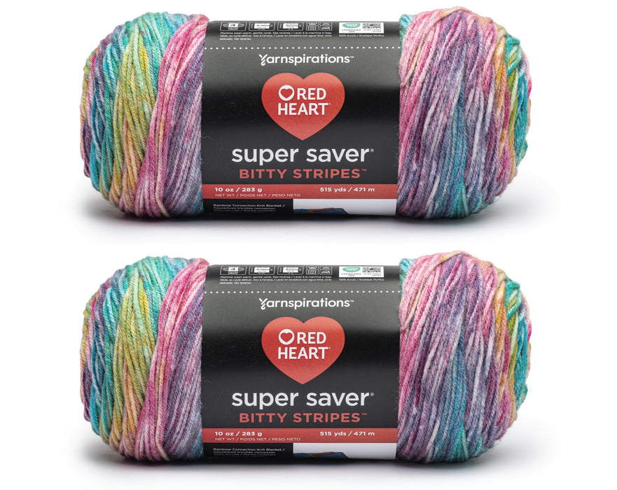Red Heart Super Saver Bitty Stripes Unicorn Mane Yarn - 2 Pack of 283g/10oz - 100% Acrylic - #4 Worsted (Medium) - 515 Yards - Knitting/Crochet