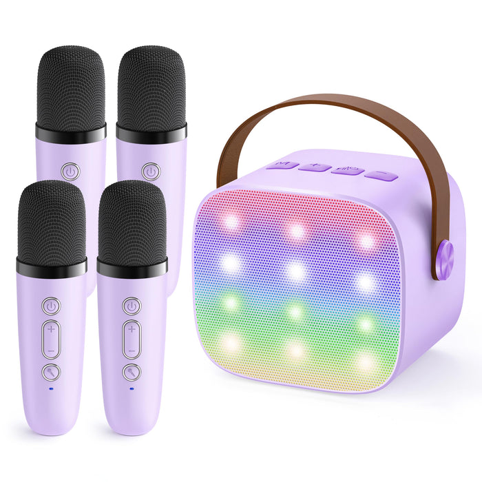 YLL Upgraded Mini Karaoke Machine with 4 Wireless Microphones Toy for Kids, Christmas Birthday Gifts for Girls Boys, Portable Party Bluetooth Speaker for 3, 4, 5, 6, 7, 8, 9, 10+ Year Old (Purple)