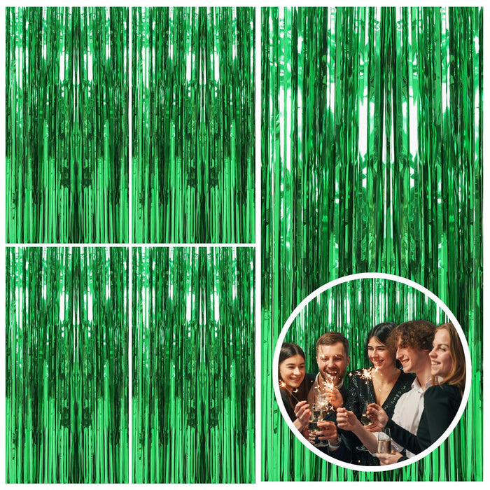 5 Pack Green Streamers Backdrop Jungle Party Decorations Foil Fringe Backdrop Curtains Photo Booth Backdrop for Birthday Dinosaur Animal St Patrick's Day Football Christmas Party Decorations