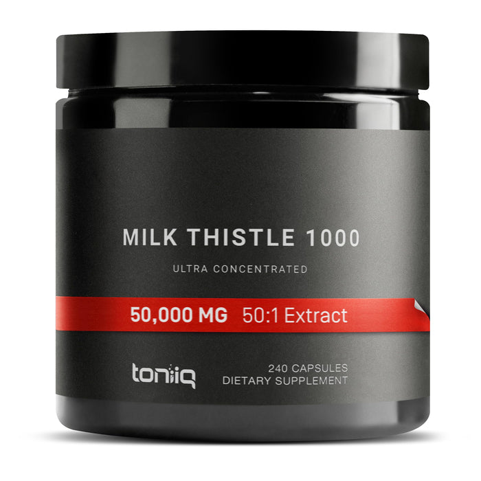 Toniiq 50,000mg 50x Concentrated Milk Thistle Extract - Milk Thistle 1000mg Per Serving - 80% Silymarin - Bioavailable Silymarin Milk Thistle Supplement Capsules - 240 Vegetarian Caps