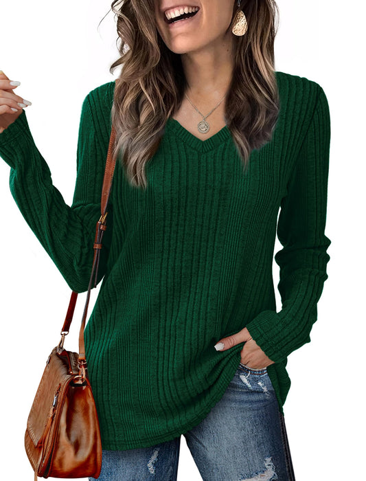 Saloogoe Green Sweaters Women Loose Fit V-Neck Long Sleeve Tops Christmas Shirts 2024 Green XL