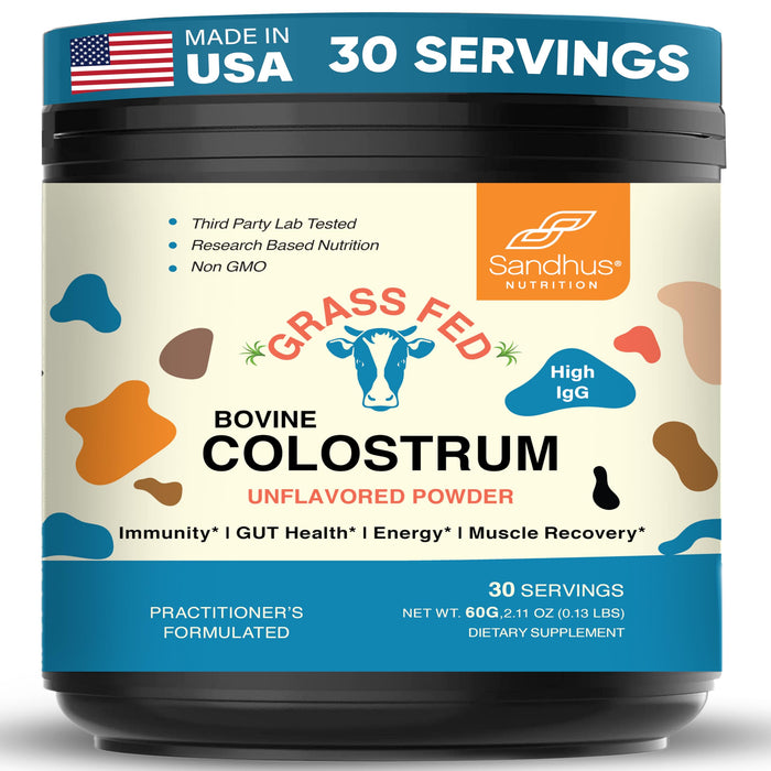 Sandhu's Pure Bovine Colostrum 30 Servings for Humans | High IgG Grass Fed, Unflavored Made in USA | for Gut Health, Immune Support and Muscle Recovery Supplement | Men and Women