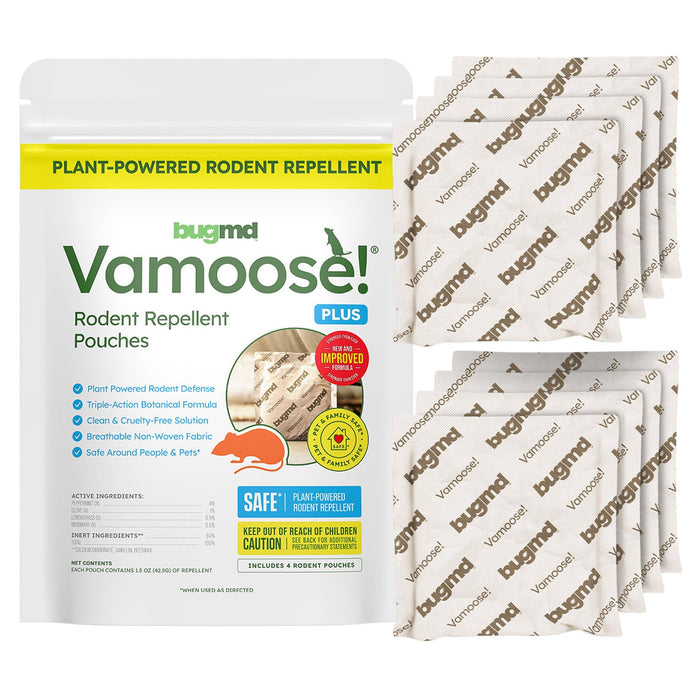 BugMD Vamoose! Plus Peppermint Oil Mouse Repellent Pouches | Natural Mice Repellent Indoor & Rat Deterrent for House, Garage, RV, Car & Storage | Plant-Powered Rodent Control - 2 Pack - 8 Pouches