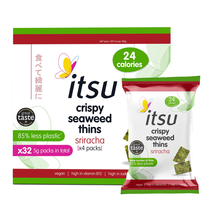 itsu Siracha Flavour Seaweed Thins | Crispy Seaweed Snacks | NEW Larger Pack (32 x 5g packs) | Vegan, Low Calorie, Healthy Snack, Seaweed Crisps