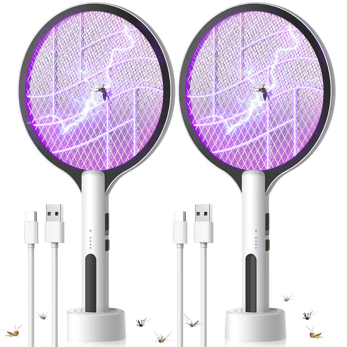 2PACK Electric Fly Swatter 4500V Bug Zapper Racket, 2 in 1 Handheld Fly Zapper & Purple Mosquito Killer Rechargeable and 3-Layer Safety for Indoor Home Office Backyard Patio Camping