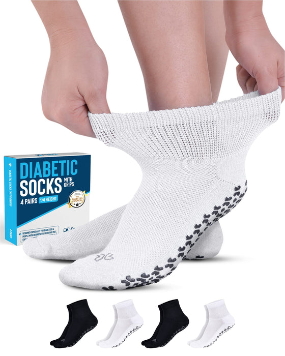 Diabetic Socks with Grips for Women and Men - 4 Pair | Black , White | Neuropathy Socks for Men | Non Slip Socks for Elderly | Diabetic Ankle Socks for Men | Diabetic Socks for Men 9-12