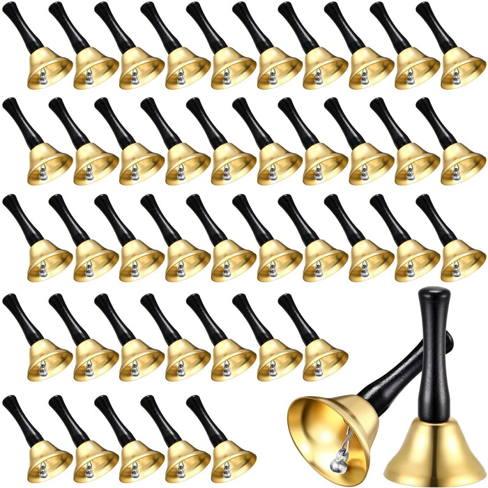 50 Pcs Gold Hand Bell Steel Call Bell Dinner Bell Service Bell Wedding Bells with Wood Handles for the Sick Elderly Alert Classroom Alarm, 1.97 x 3.66 Inches