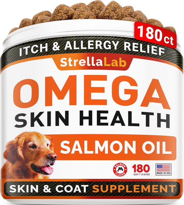 StrellaLab Omega 3 for Dogs - (180Ct) Fish Oil Treats - Allergy & Itch Relief Skin&Coat Supplement - Dry Itchy Skin, Shedding, Hot Spots Treatment, Anti Itch - Pet Salmon Oil Chews - Salmon Flavor