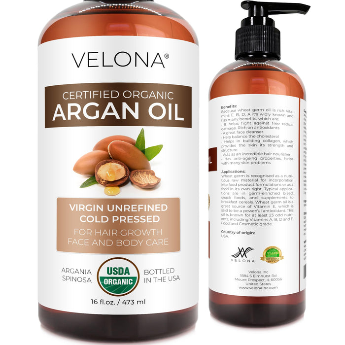 velona Argan Oil USDA Certified Organic - 16 oz (With Pump) | 100% Pure and Natural | Morocco Oil | Stimulate Hair Growth, Skin, Body and Face Care | Nails Protector