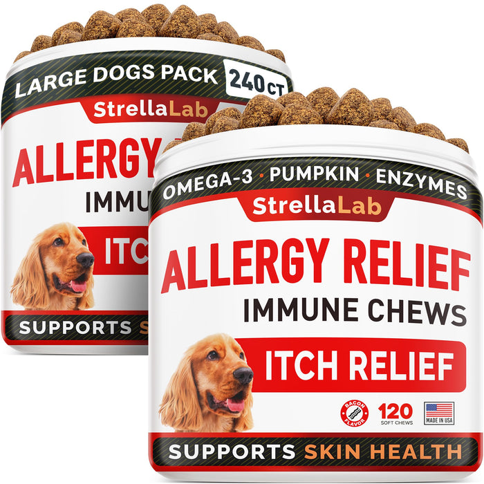 STRELLALAB Dog Allergy Relief 2 Packs (240 Chews) - Dog Itchy Skin Treatment + Omega 3 & Pumpkin, Dog Allergy Chews & Anti Itch Support Supplement, Dogs Itching & Licking Treats, Dog Itch Relief Chew