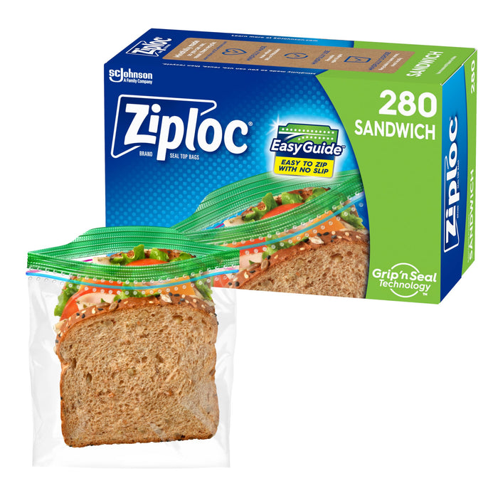 Ziploc Sandwich and Snack Bags with EasyGuide Texture, Plastic Storage Bags with Grip 'n Seal Technology, 280 Bags Total