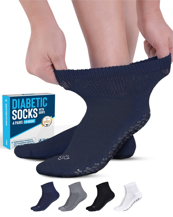 Diabetic Socks with Grips for Women and Men - 4 Pair | Black , White , Navy , Gray| Neuropathy Socks | Non Slip Socks for Elderly | Slipper Socks with Grippers | Diabetic Ankle Socks for Men