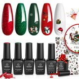 Beetles Christmas Gel Nail Polish, Sparkle Red Green Gel Polish Kit Soak Off UV LED Gel Nail Kit Manicure Gift with Nail Strengthener Gel and Stickers Nail Art Beetles Gift Spree