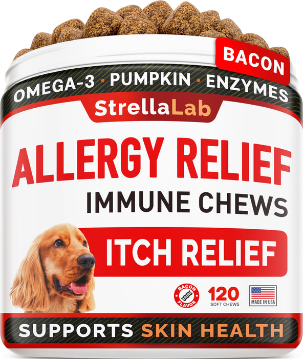 StrellaLab Dog Allergy Relief + Dog Itchy Skin Treatment with Omega 3 & Pumpkin, Dogs Itching and Licking Treats, Dog Itch Relief Chew, Allergy Supplement, Hotspot Relief for Dogs, Anti Itch Support