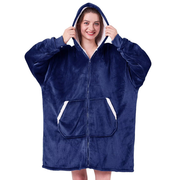 JOYWOO Wearable Blanket Hoodie, Oversized Hooded Blanket for Adult, Birthday Christmas Gifts for Women Men, Cozy Fuzzy Sherpa Sweatshirt Blanket with Giant Pocket and Zipper, Navy Blue