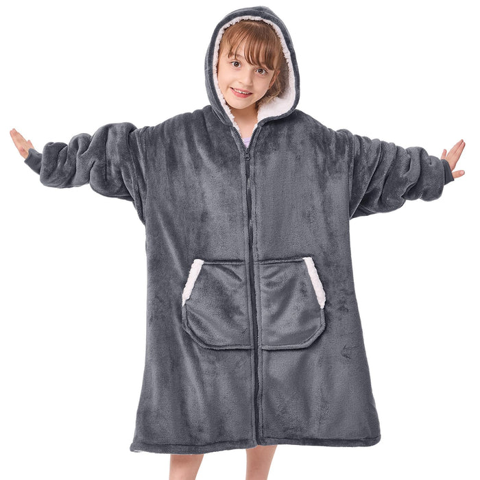 JOYWOO Kids Wearable Blanket Hoodie, Oversized Sherpa Hooded Blanket Birthday Christmas Gifts for Girl Boy, Cozy Sweatshirt Blanket with Giant Pocket and Zipper, Gray