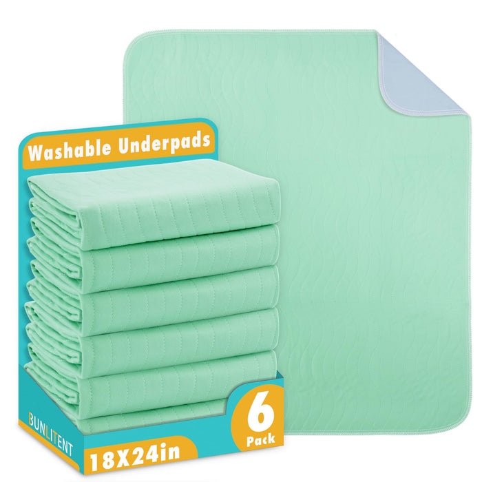 Bunlitent Washable Underpads, 18" x 24", 6 Pack - Heavy Absorbency Reusable Bedwetting Incontinence Pads for Kids, Adults, Elderly, and Pets - Waterproof Protective Pad for Bed, Couch