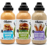 Chosen Foods Dip & Drizzle Sauces Variety Pack Burger Sauce, Chicken Sauce, and Everything Bagel Sauce 3-Pack, for Hamburgers, Sandwiches, Nuggets, Wings, Fries, and More