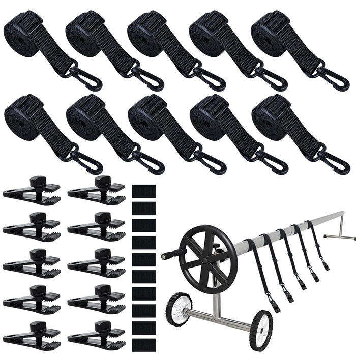 30Pcs Adjustable Length Upgraded Pool Solar Cover Reel Strap Pool Cover Reel Attachment Straps Pool Reel Strap Kit Including 10 Solar Cover Reel Blanket Straps with Hooks,10 Clamps,10 Touch Fastener