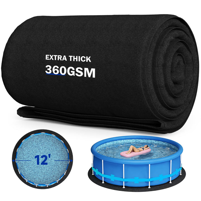 Uyittour 12Ft Round Pool Liner Pad for Above Ground Pools, 360G/M² Extra Thick Heavy Duty Under Pool Mat, Seamless Puncture Resistant Geotextile Fabric Ground Padding, Extends Liner Life, Black