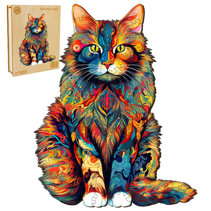 WOODBESTS Wooden Puzzle for Adults, Maine Cat Puzzle (M+, 100pcs, 11.7"x9.4") Larger Pieces Puzzles for Elderly, Wooden Jigsaw Puzzles Unique Shape, Birthday Gifts for Adults and Kids Family Game