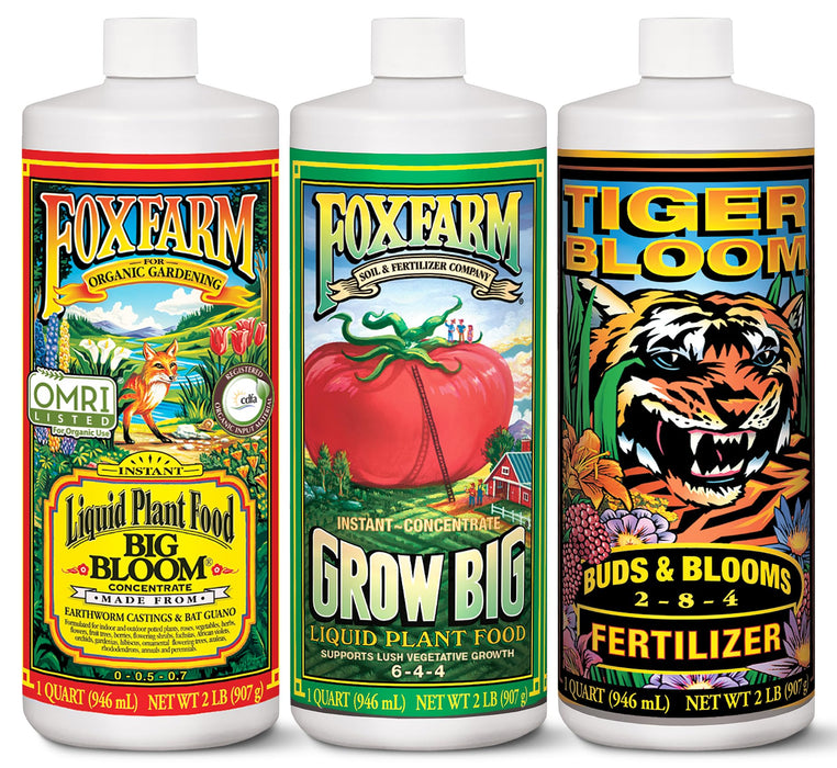 FoxFarm Soil Liquid Trio Pack - Big Bloom, Grow Big, Tiger Bloom Fertilizers Supports Vigorous Plant Growth, Bud Development & Abundant Fruit - Complete Liquid Plant Food Set - 3 Quart Bottles