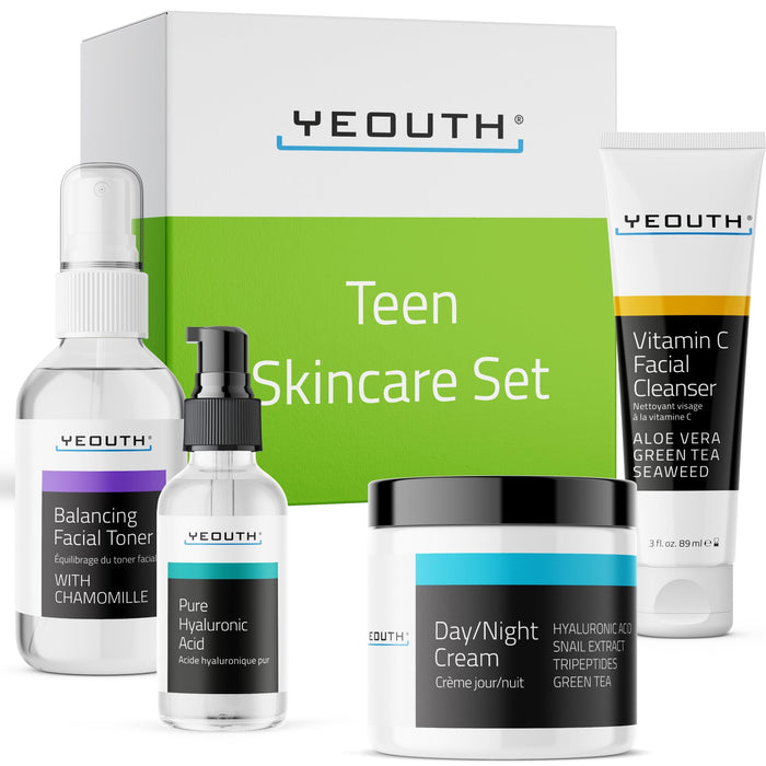 YEOUTH Hyaluronic Acid Serum, Vitamin C Cleanser, Face Toner & Face Cream, Skin Care for Teen Girls & Boys Skin Care Gift Set, Teen Skincare Kit, 4-Piece Skin Care Routine