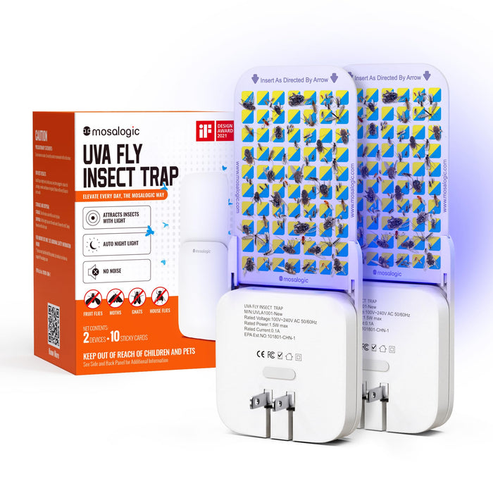 Mosalogic Fruit Fly Traps for Indoors Gnat Trap for House Indoor-600 Sqft Protection Area UV Fly Insect Trapper for Fruit Flies，Gnats，Mosquito，and Other Flying Insect Plug-in Bug Killer White 2Pack