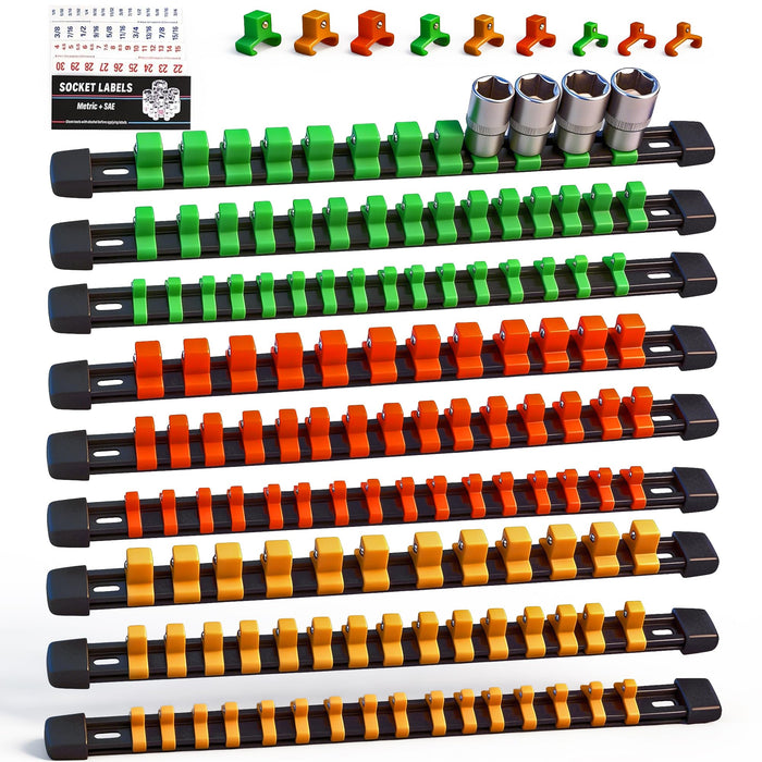 SWANLAKE Organizer Socket Holder, 9PCS 1/4-Inch x 48 Clips, 3/8-Inch x 45 Clips, 1/2-Inch x 36 Clips, Premium Quality Socket Clip Rail Holder