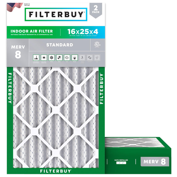 Filterbuy 16x25x4 Air Filter MERV 8 Dust Defense (2-Pack), Pleated HVAC AC Furnace Air Filters Replacement (Actual Size: 15.50 x 24.50 x 3.63 Inches)