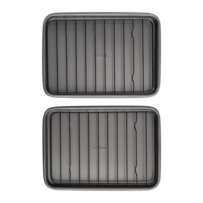 GoodCook Set of 2 Nonstick Steel 9" x 6.2" Toaster Oven Mini Baking Sheets with Racks, Gray