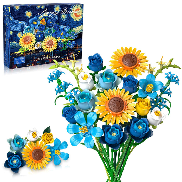 Blue Rose Flowers Valentines Gifts - Bouquet Building Set Compatible with Lego Flowers for Adults Women, Van Gogh's Starry Night and Sunflowers Style, Christmas Mother's Day Home Decor