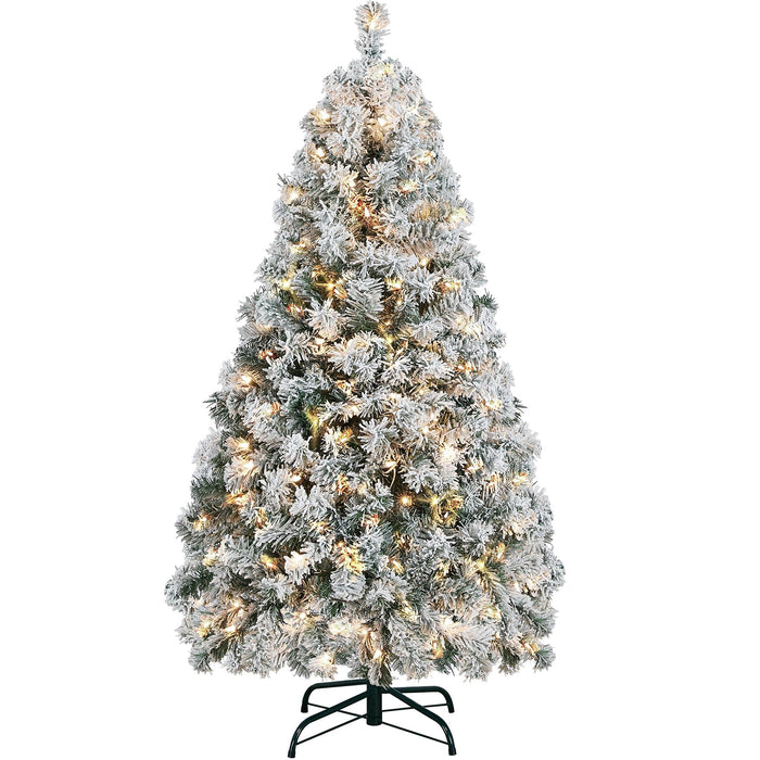 Yaheetech 4.5ft Pre-lit Artificial Christmas Tree with Incandescent Warm White Lights, Snow Flocked Full Prelighted Xmas Tree with 340 Branch Tips, 150 Incandescent Lights & Foldable Stand, White