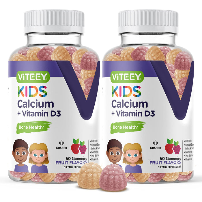 Kids Calcium Gummies with Vitamin D3 - Supports Bone Health & Tooth Health - Naturally Sourced Calcium 500mg Plus Vitamin D3 1000iu - Gluten Free, GMO Free - Tasty Chewable Fruit Flavored Gummy