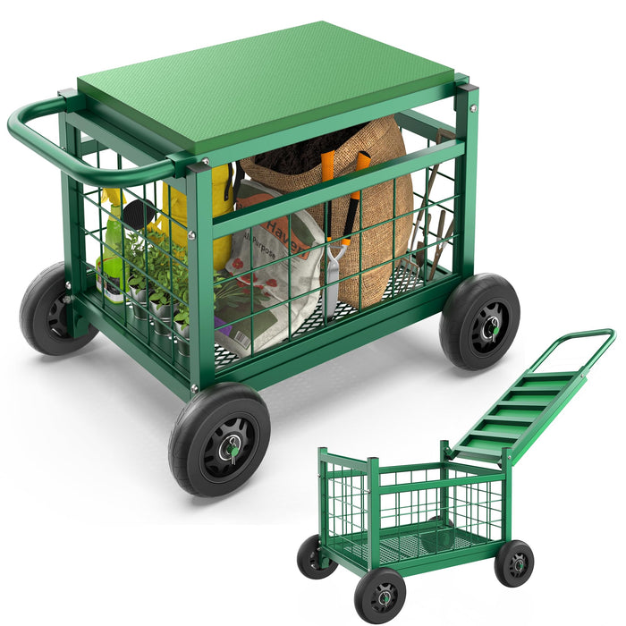 FLINTER Rolling Garden Work Seat with Wheels, Upgraded Heavy Duty Gardenning Cart with Seat - Garden Rolling Stools with Wheels for Seniors, Lawn, Patio & Backyard Gardening, Green