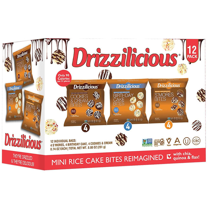 Drizzilicious Mini Rice Cakes Variety Pack- Rice Crisps, Healthy Snack for Adults and Kids, Flavored Rice Cakes, Vegan, Gluten Free Snack, Allergen Free, Only 90 Calories Per Bag- 0.74 oz (Pack of 12)