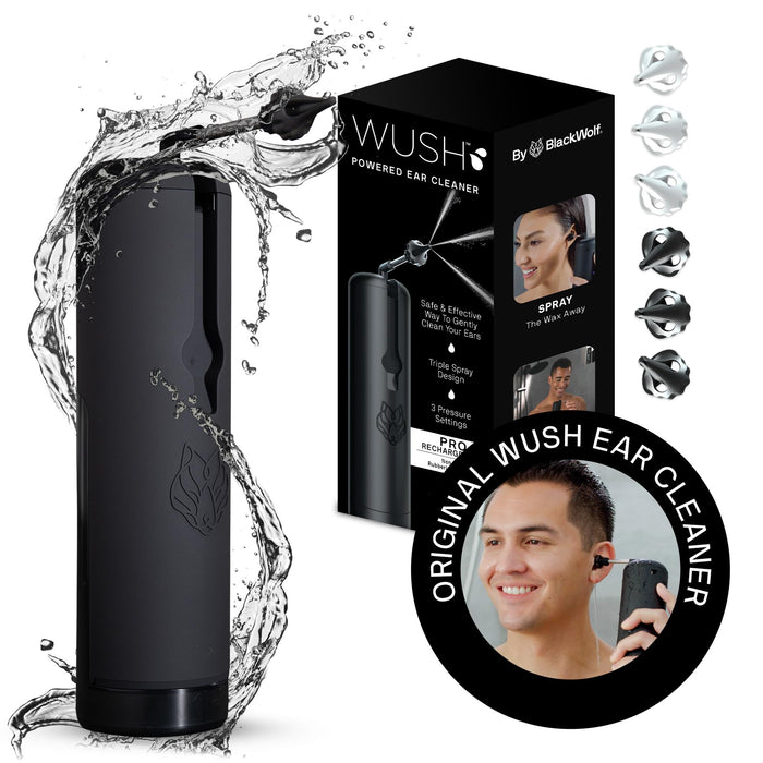 Wush Pro by Black Wolf - The Original Deluxe Water Powered Ear Cleaner with 6 Reusable Replacement Tips by Black Wolf - Safe & Effective for Ear Wax Buildup - Electric Ear Wax Removal Kit (Black)